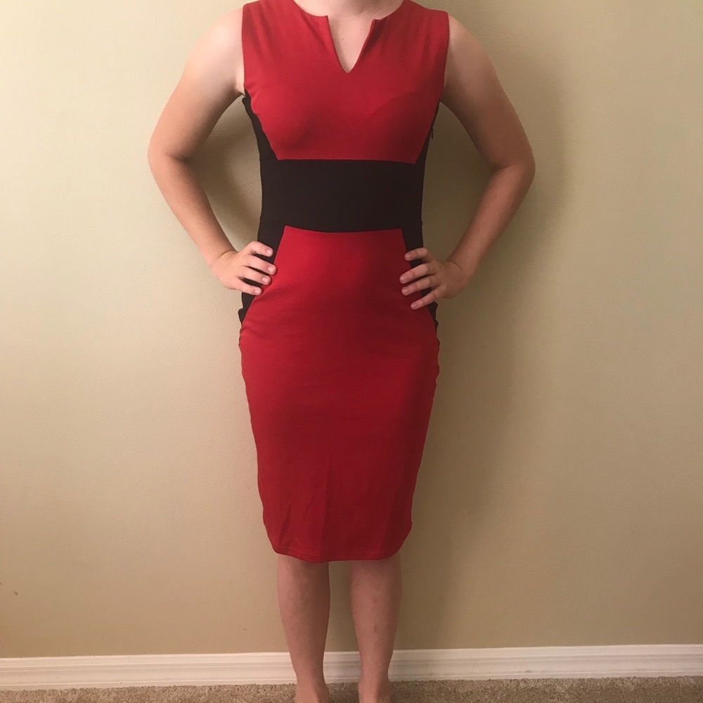 Cute comfy red and black midi dress Oxiuli fashion